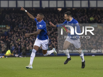 Ashley Young #18 of Everton F.C. celebrates his goal during the Premier League match between Everton and Wolverhampton Wanderers at Goodison...