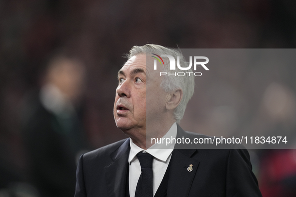 Carlo Ancelotti head coach of Real Madrid during the La Liga match between Athletic Club and Real Madrid CF at Estadio de San Mames on Decem...