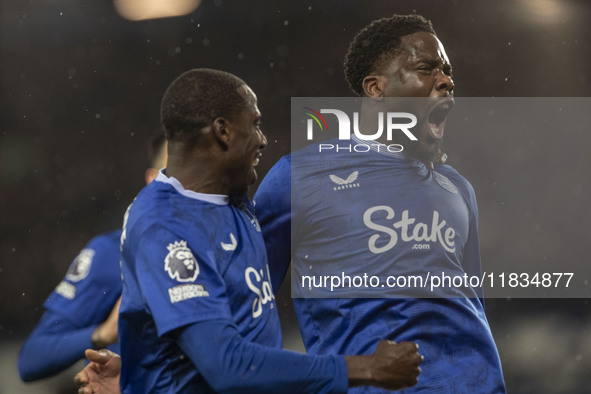 Orel Mangala #8 of Everton F.C. celebrates his goal to make the score 2-0 during the Premier League match between Everton and Wolverhampton...