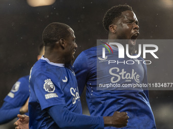 Orel Mangala #8 of Everton F.C. celebrates his goal to make the score 2-0 during the Premier League match between Everton and Wolverhampton...