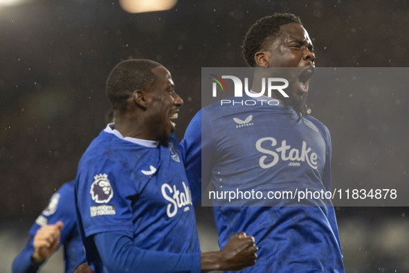 Orel Mangala #8 of Everton F.C. celebrates his goal to make the score 2-0 during the Premier League match between Everton and Wolverhampton...