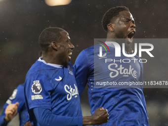 Orel Mangala #8 of Everton F.C. celebrates his goal to make the score 2-0 during the Premier League match between Everton and Wolverhampton...