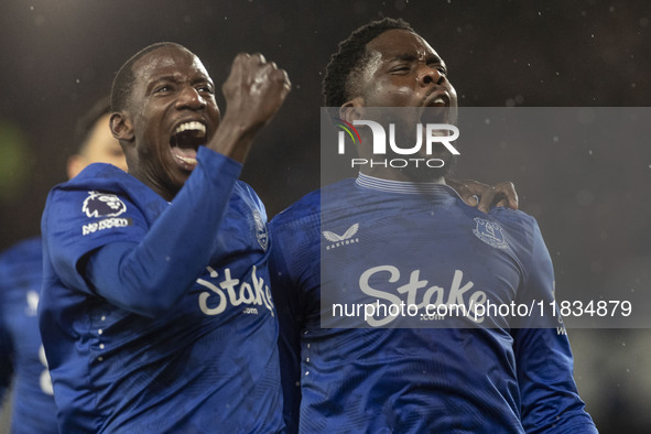 Orel Mangala #8 of Everton F.C. celebrates his goal to make the score 2-0 during the Premier League match between Everton and Wolverhampton...