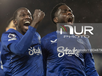 Orel Mangala #8 of Everton F.C. celebrates his goal to make the score 2-0 during the Premier League match between Everton and Wolverhampton...