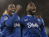 Orel Mangala #8 of Everton F.C. celebrates his goal to make the score 2-0 during the Premier League match between Everton and Wolverhampton...