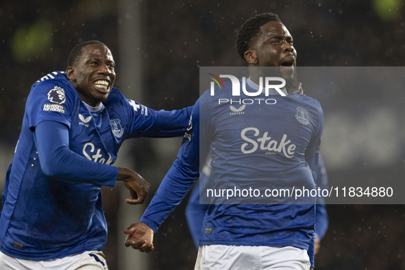 Orel Mangala #8 of Everton F.C. celebrates his goal to make the score 2-0 during the Premier League match between Everton and Wolverhampton...