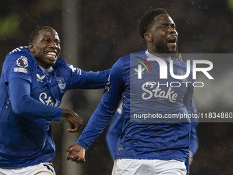 Orel Mangala #8 of Everton F.C. celebrates his goal to make the score 2-0 during the Premier League match between Everton and Wolverhampton...