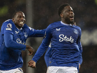 Orel Mangala #8 of Everton F.C. celebrates his goal to make the score 2-0 during the Premier League match between Everton and Wolverhampton...