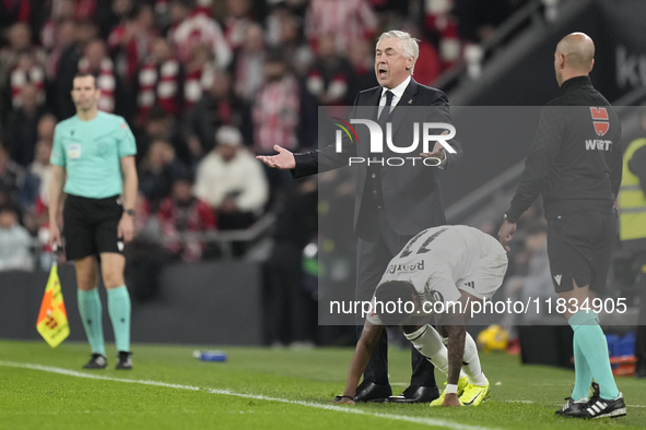 Carlo Ancelotti head coach of Real Madrid  protest to referee during the La Liga match between Athletic Club and Real Madrid CF at Estadio d...