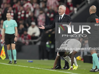 Carlo Ancelotti head coach of Real Madrid  protest to referee during the La Liga match between Athletic Club and Real Madrid CF at Estadio d...