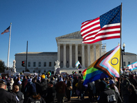 Demonstrations take place outside the Supreme Court as it hears a case on gender-affirming care for transgender children in Washington, DC,...