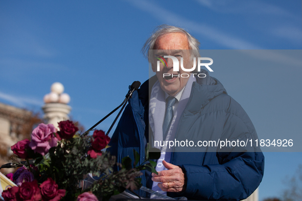 Sen. Ed Markey (D-MA) speaks at a demonstration in support of gender-affirming care for transgender children outside the Supreme Court as it...