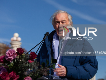 Sen. Ed Markey (D-MA) speaks at a demonstration in support of gender-affirming care for transgender children outside the Supreme Court as it...