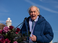 Sen. Ed Markey (D-MA) speaks at a demonstration in support of gender-affirming care for transgender children outside the Supreme Court as it...