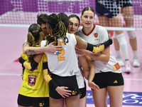 SMI Roma Volley celebrates scoring a team point during the Serie A1 Tigota match between Reale Mutua Fenera Chieri '76 and SMI Roma Volley a...