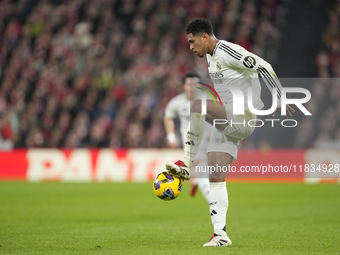 Jude Bellingham central midfield of Real Madrid and England controls the ball during the La Liga match between Athletic Club and Real Madrid...