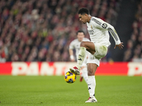 Jude Bellingham central midfield of Real Madrid and England controls the ball during the La Liga match between Athletic Club and Real Madrid...