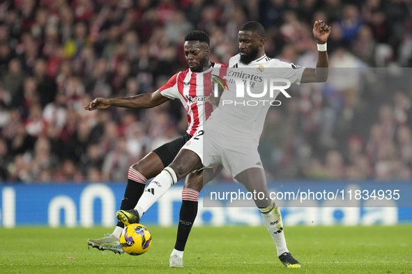 Antonio Rudiger centre-back of Real Madrid and Germany and Inaki Williams right winger of Athletic Club and Ghana compete for the ball durin...