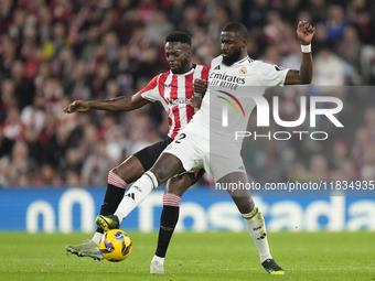 Antonio Rudiger centre-back of Real Madrid and Germany and Inaki Williams right winger of Athletic Club and Ghana compete for the ball durin...