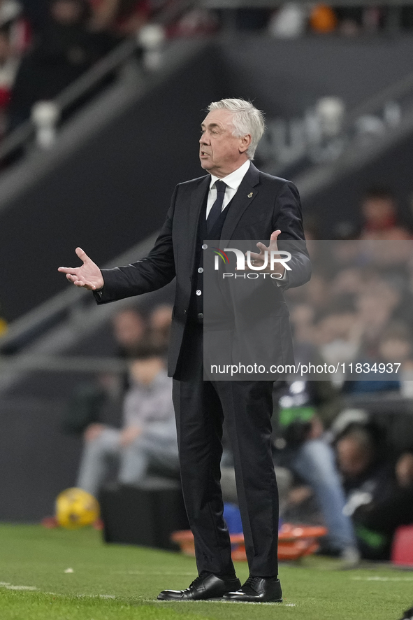 Carlo Ancelotti head coach of Real Madrid reacts during the La Liga match between Athletic Club and Real Madrid CF at Estadio de San Mames o...