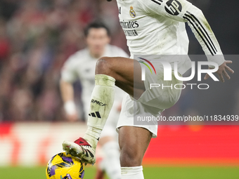 Jude Bellingham central midfield of Real Madrid and England controls the ball during the La Liga match between Athletic Club and Real Madrid...