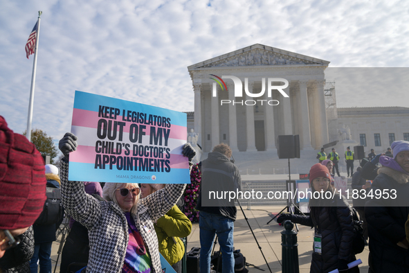 Supporters and opponents of gender-affirming care for transitioning minors are outside the Supreme Court in Washington, D.C., United States,...