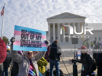 Supporters and opponents of gender-affirming care for transitioning minors are outside the Supreme Court in Washington, D.C., United States,...