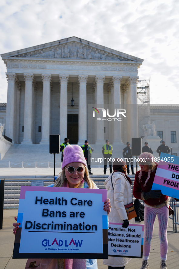 Supporters and opponents of gender-affirming care for transitioning minors are outside the Supreme Court in Washington, D.C., United States,...