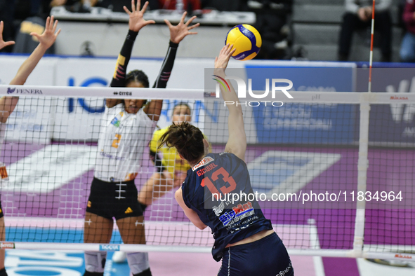 Lucille Giquel of Chieri '76 participates in the Serie A1 Tigota match between Reale Mutua Fenera Chieri '76 and SMI Roma Volley at PalaRuff...