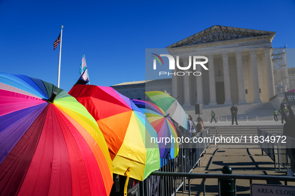 Supporters and opponents of gender-affirming care for transitioning minors are outside the Supreme Court in Washington, D.C., United States,...