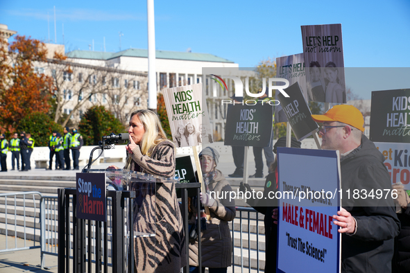 Congresswoman Marjorie Taylor Greene speaks against gender-affirming care at the Supreme Court in Washington, D.C., United States, on Decemb...