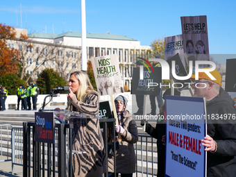 Congresswoman Marjorie Taylor Greene speaks against gender-affirming care at the Supreme Court in Washington, D.C., United States, on Decemb...