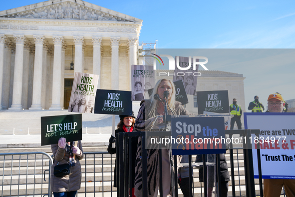 Congresswoman Marjorie Taylor Greene speaks against gender-affirming care at the Supreme Court in Washington, D.C., United States, on Decemb...