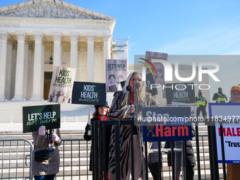 Congresswoman Marjorie Taylor Greene speaks against gender-affirming care at the Supreme Court in Washington, D.C., United States, on Decemb...