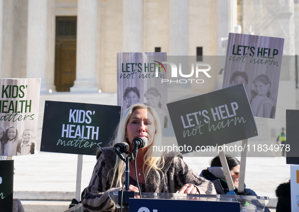 Congresswoman Marjorie Taylor Greene speaks against gender-affirming care at the Supreme Court in Washington, D.C., United States, on Decemb...