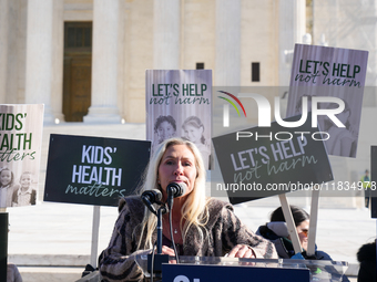 Congresswoman Marjorie Taylor Greene speaks against gender-affirming care at the Supreme Court in Washington, D.C., United States, on Decemb...