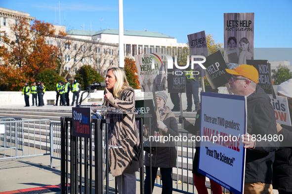 Congresswoman Marjorie Taylor Greene speaks against gender-affirming care at the Supreme Court in Washington, D.C., United States, on Decemb...