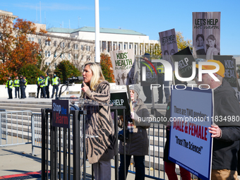 Congresswoman Marjorie Taylor Greene speaks against gender-affirming care at the Supreme Court in Washington, D.C., United States, on Decemb...