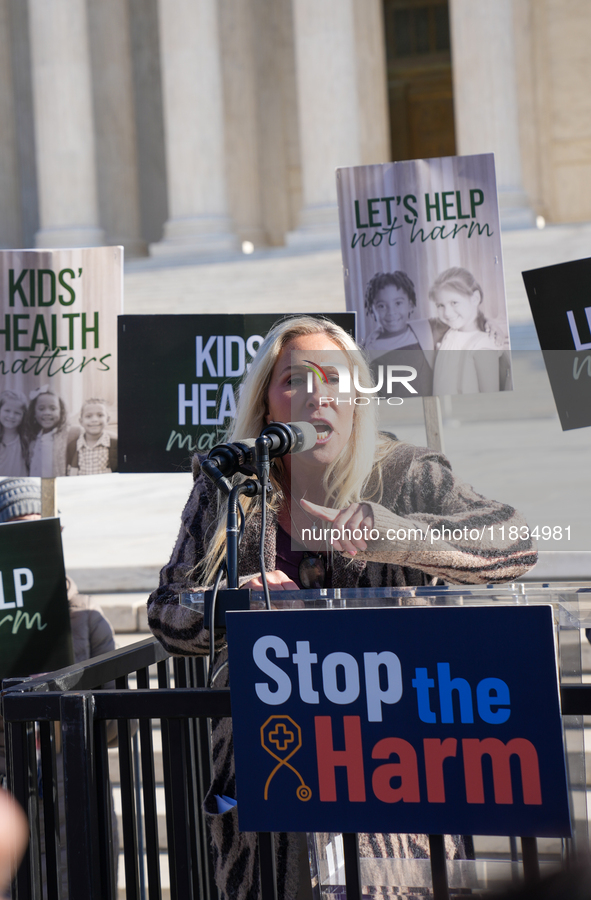 Congresswoman Marjorie Taylor Greene speaks against gender-affirming care at the Supreme Court in Washington, D.C., United States, on Decemb...