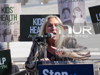 Congresswoman Marjorie Taylor Greene speaks against gender-affirming care at the Supreme Court in Washington, D.C., United States, on Decemb...