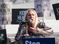 Congresswoman Marjorie Taylor Greene speaks against gender-affirming care at the Supreme Court in Washington, D.C., United States, on Decemb...