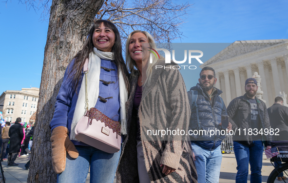 Congresswoman Marjorie Taylor Greene speaks against gender-affirming care at the Supreme Court in Washington, D.C., United States, on Decemb...