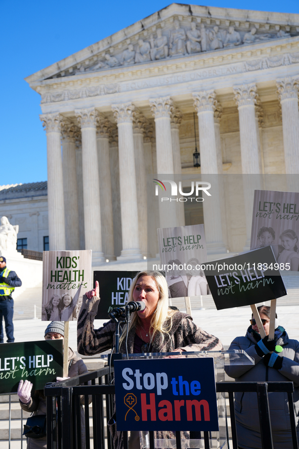 Congresswoman Marjorie Taylor Greene speaks against gender-affirming care at the Supreme Court in Washington, D.C., United States, on Decemb...