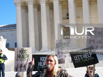 Congresswoman Marjorie Taylor Greene speaks against gender-affirming care at the Supreme Court in Washington, D.C., United States, on Decemb...