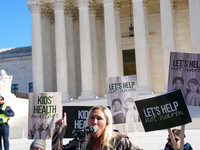 Congresswoman Marjorie Taylor Greene speaks against gender-affirming care at the Supreme Court in Washington, D.C., United States, on Decemb...