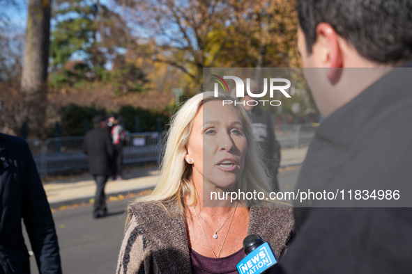 Congresswoman Marjorie Taylor Greene speaks against gender-affirming care at the Supreme Court in Washington, D.C., United States, on Decemb...