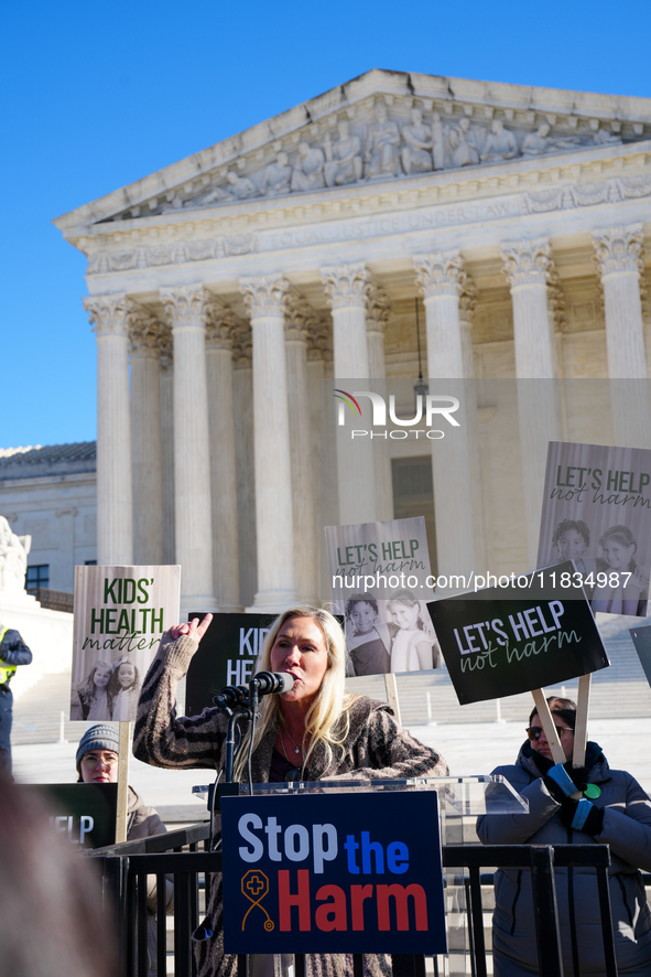 Congresswoman Marjorie Taylor Greene speaks against gender-affirming care at the Supreme Court in Washington, D.C., United States, on Decemb...