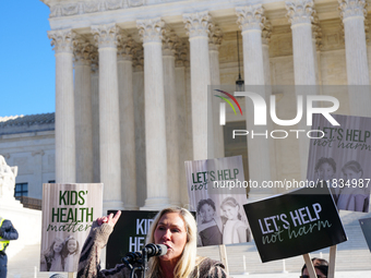 Congresswoman Marjorie Taylor Greene speaks against gender-affirming care at the Supreme Court in Washington, D.C., United States, on Decemb...