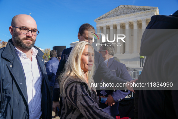 Congresswoman Marjorie Taylor Greene speaks against gender-affirming care at the Supreme Court in Washington, D.C., United States, on Decemb...