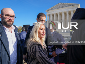 Congresswoman Marjorie Taylor Greene speaks against gender-affirming care at the Supreme Court in Washington, D.C., United States, on Decemb...